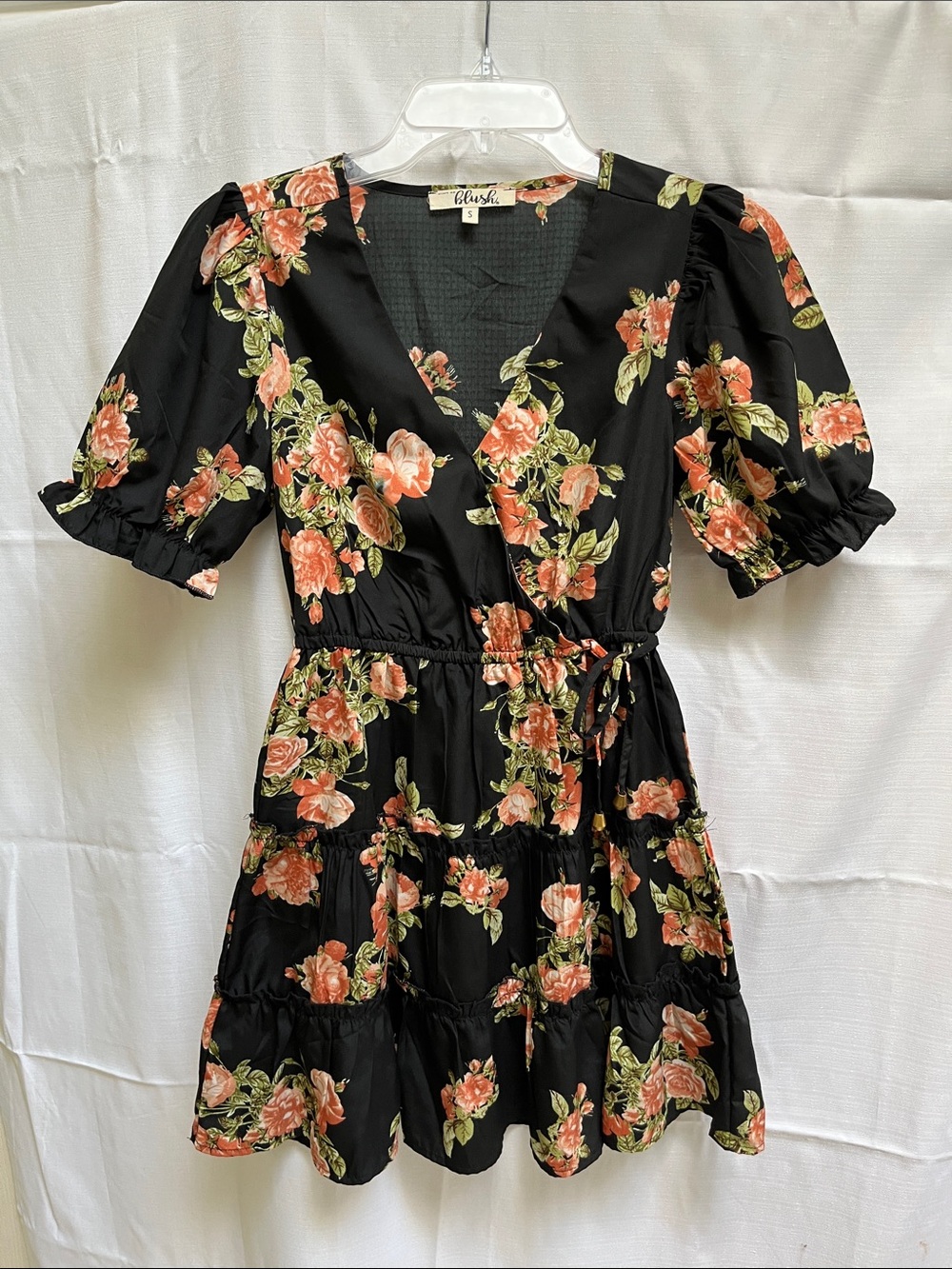 Black Floral Rose Print Wrap V-Neck Tiered Mini Dress
